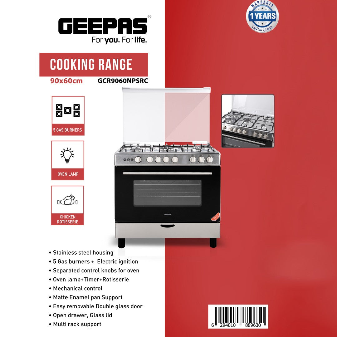 Geepas GCR9060NPSRC Cooking Range | 90x60cm | 5 Gas Burners| Electric Ignition| Oven Lamp| Timer & Rotisserie| Stainless Steel Housing| Double Glass Door| 1 Year Warranty