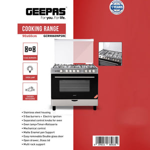 Geepas GCR9060NPSRC Cooking Range | 90x60cm | 5 Gas Burners| Electric Ignition| Oven Lamp| Timer & Rotisserie| Stainless Steel Housing| Double Glass Door| 1 Year Warranty