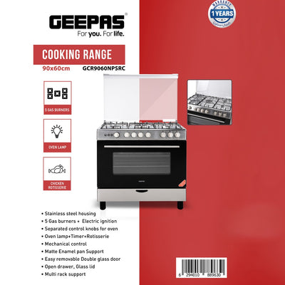 Geepas GCR9060NPSRC Cooking Range | 90x60cm | 5 Gas Burners| Electric Ignition| Oven Lamp| Timer & Rotisserie| Stainless Steel Housing| Double Glass Door| 1 Year Warranty