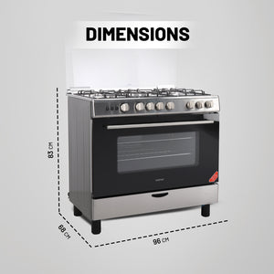 Geepas GCR9060NPSRC Cooking Range | 90x60cm | 5 Gas Burners| Electric Ignition| Oven Lamp| Timer & Rotisserie| Stainless Steel Housing| Double Glass Door| 1 Year Warranty