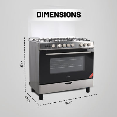 Geepas GCR9060NPSRC Cooking Range | 90x60cm | 5 Gas Burners| Electric Ignition| Oven Lamp| Timer & Rotisserie| Stainless Steel Housing| Double Glass Door| 1 Year Warranty