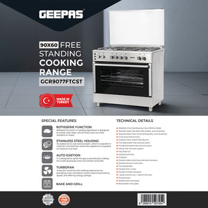 Geepas GCR9077FTCST 90x60 Cooking Range | 5 Gas Burners, Italian Sabaf Triple Burner, Rotisserie, Turbofan, Full Safety | Stainless Steel | Made in Turkey| 1 Year Warranty