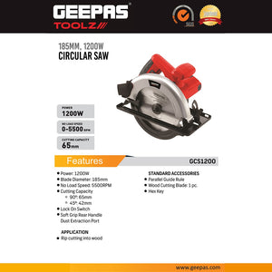 Geepas GCS1200 1200W Circular Saw | 185mm Wood Cutting Saw with 65mm Cutting Capacity | High-Speed Precision Blade | Adjustable Depth & Bevel Cuts | Ergonomic Grip