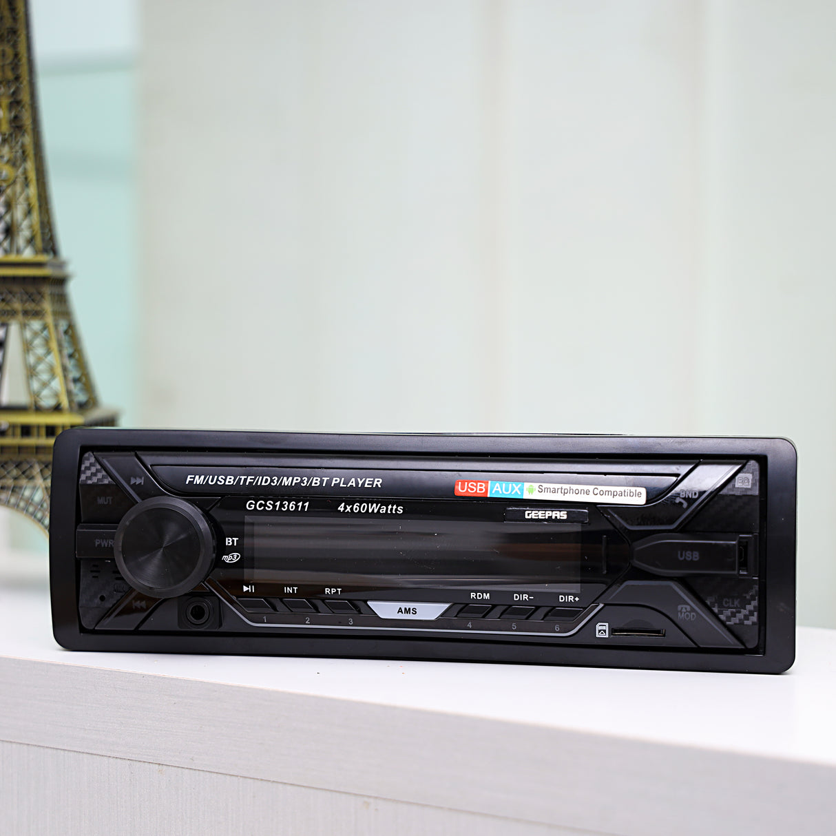 Geepas GCS13611 Car FM/USB/MP3/BT Player | Bluetooth, USB/TF Support, FM Radio with 18 Presets| LCD Display| 4×60W Output| Dynamic EQ| Remote Control| 2 Years Warranty