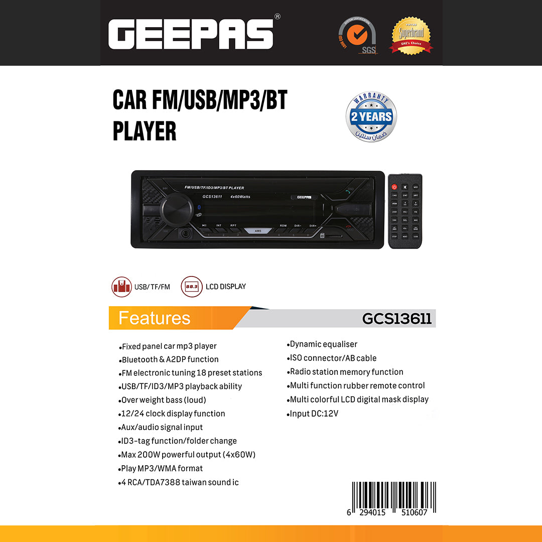 Geepas GCS13611 Car FM/USB/MP3/BT Player | Bluetooth, USB/TF Support, FM Radio with 18 Presets| LCD Display| 4×60W Output| Dynamic EQ| Remote Control| 2 Years Warranty