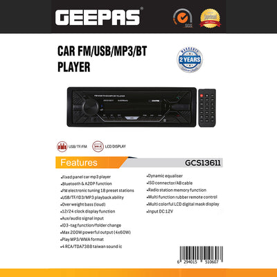 Geepas GCS13611 Car FM/USB/MP3/BT Player | Bluetooth, USB/TF Support, FM Radio with 18 Presets| LCD Display| 4×60W Output| Dynamic EQ| Remote Control| 2 Years Warranty