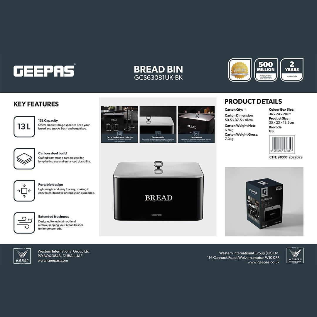 Geepas GCS63081UK-BK 13L Bread Bin | Carbon Steel Retro Kitchen Bread Box with Secure Lid | Large Capacity Countertop Storage Container|  Rust-Resistant & Easy to Clean