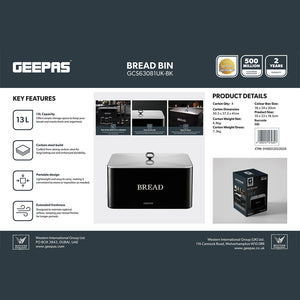Geepas GCS63081UK-BK 13L Bread Bin | Carbon Steel Retro Kitchen Bread Box with Secure Lid | Large Capacity Countertop Storage Container|  Rust-Resistant & Easy to Clean