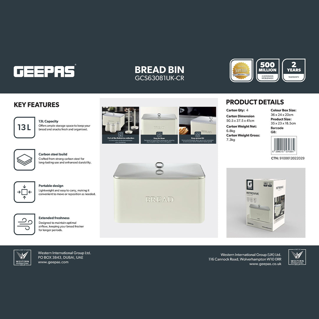Geepas GCS63081UK-CR 13L Bread Bin | Carbon Steel Kitchen Bread Box with Secure Lid | Cream Retro Storage Container | Durable Rust-Resistant Body | Easy to Clean Design