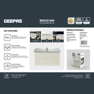 Geepas GCS63081UK-CR 13L Bread Bin | Carbon Steel Kitchen Bread Box with Secure Lid | Cream Retro Storage Container | Durable Rust-Resistant Body | Easy to Clean Design