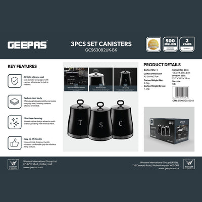 Geepas GCS63082UK-BK 3PCS Kitchen Canisters Set | Airtight Carbon Steel Storage Jars | Silicone Seal | Stainless Steel Lid | Perfect for Tea, Sugar & Coffee Storage