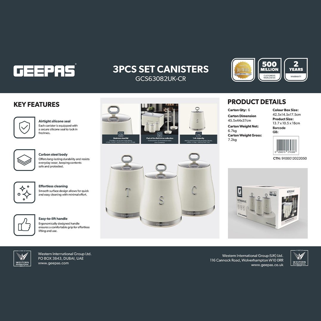 Geepas GCS63082UK-CR 3PCS Kitchen Canisters Set | Airtight Carbon Steel Storage Jars | Silicone Seal | Stainless Steel Lid | Perfect  for Tea, Sugar & Coffee Storage