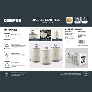 Geepas GCS63082UK-CR 3PCS Kitchen Canisters Set | Airtight Carbon Steel Storage Jars | Silicone Seal | Stainless Steel Lid | Perfect  for Tea, Sugar & Coffee Storage