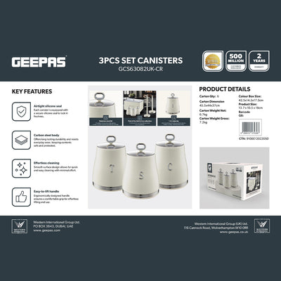 Geepas GCS63082UK-CR 3PCS Kitchen Canisters Set | Airtight Carbon Steel Storage Jars | Silicone Seal | Stainless Steel Lid | Perfect  for Tea, Sugar & Coffee Storage