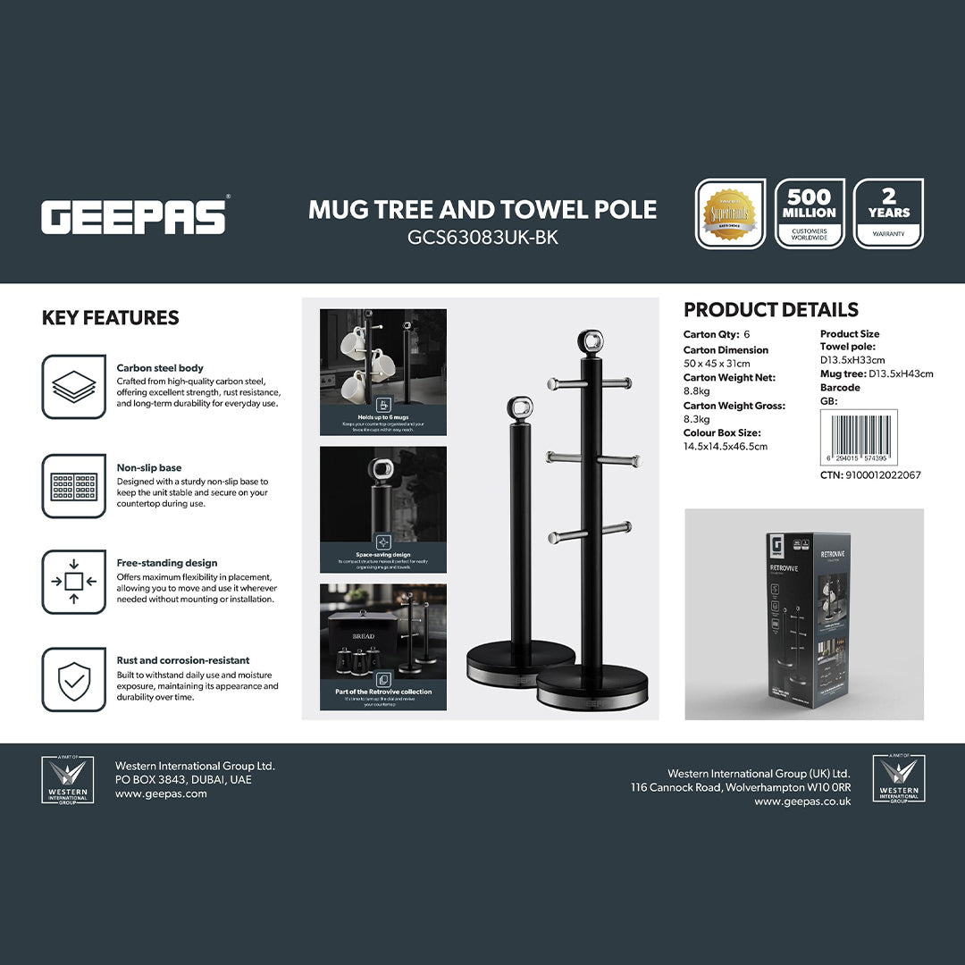 Geepas GCS63083UK-BK Mug Tree and Towel Pole | Carbon Steel Free-Standing Mug Holder & Kitchen Roll Stand | Non-Slip Base| Rust-Resistant Design for Modern Kitchens