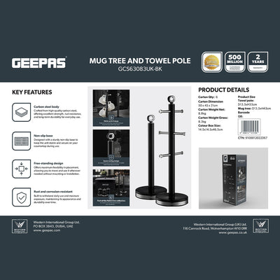 Geepas GCS63083UK-BK Mug Tree and Towel Pole | Carbon Steel Free-Standing Mug Holder & Kitchen Roll Stand | Non-Slip Base| Rust-Resistant Design for Modern Kitchens