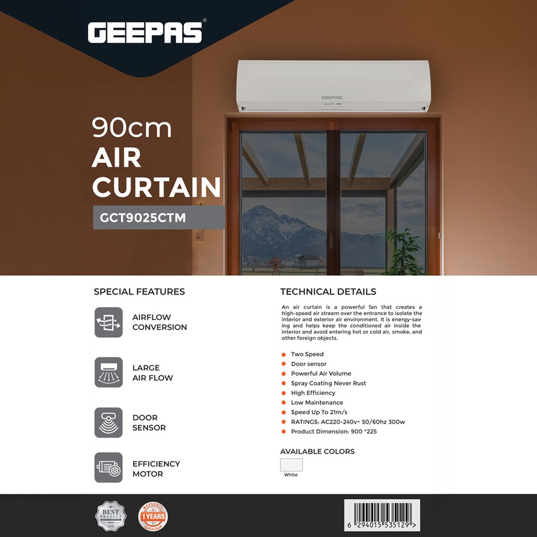Geepas GCT9025CTM 90CM Air Curtain with Door Sensor | 2-Speed High Airflow Barrier| 300W Energy Efficient Commercial Air Curtain for Shops, Offices & Entrances Low Noise