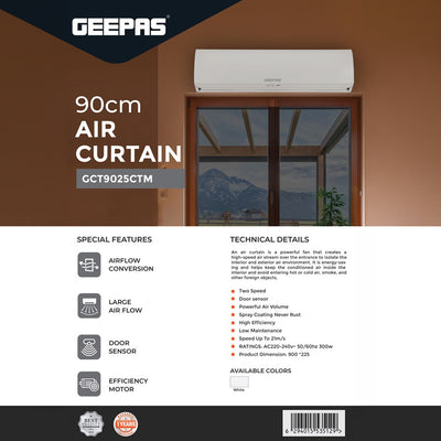 Geepas GCT9025CTM 90CM Air Curtain with Door Sensor | 2-Speed High Airflow Barrier| 300W Energy Efficient Commercial Air Curtain for Shops, Offices & Entrances Low Noise