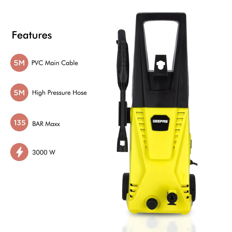 Geepas GCW19027 High Pressure Washer | 135BAR Powerful Cleaning Machine with 3000W Motor | 5M Hose & Cable | Detergent Bottle | Quick Connect System | Aluminium Pump
