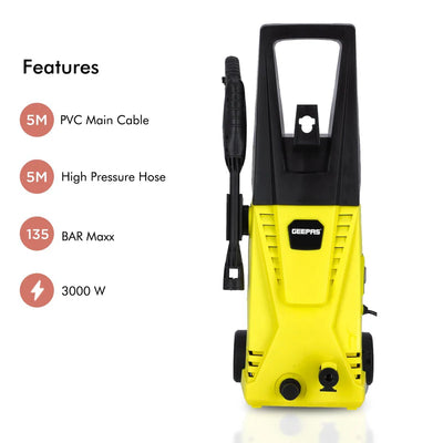 Geepas GCW19027 High Pressure Washer | 135BAR Powerful Cleaning Machine with 3000W Motor | 5M Hose & Cable | Detergent Bottle | Quick Connect System | Aluminium Pump