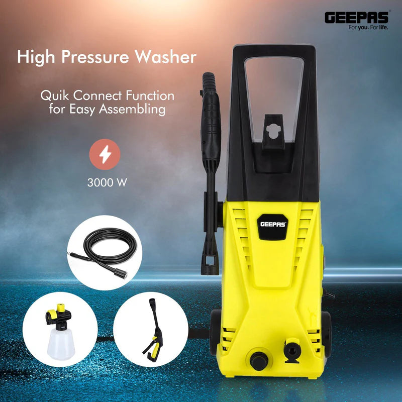 Geepas GCW19027 High Pressure Washer | 135BAR Powerful Cleaning Machine with 3000W Motor | 5M Hose & Cable | Detergent Bottle | Quick Connect System | Aluminium Pump