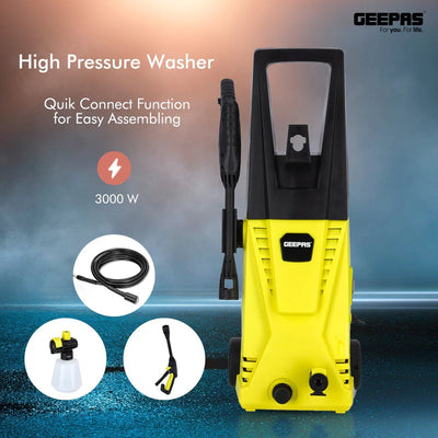 Geepas GCW19027 High Pressure Washer | 135BAR Powerful Cleaning Machine with 3000W Motor | 5M Hose & Cable | Detergent Bottle | Quick Connect System | Aluminium Pump