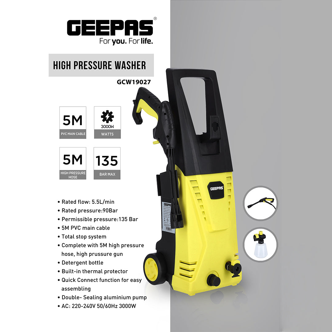 Geepas GCW19027 High Pressure Washer | 135BAR Powerful Cleaning Machine with 3000W Motor | 5M Hose & Cable | Detergent Bottle | Quick Connect System | Aluminium Pump