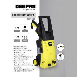 Geepas GCW19027 High Pressure Washer | 135BAR Powerful Cleaning Machine with 3000W Motor | 5M Hose & Cable | Detergent Bottle | Quick Connect System | Aluminium Pump