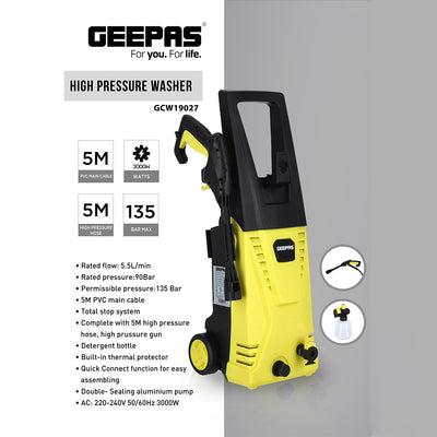 Geepas GCW19027 High Pressure Washer | 135BAR Powerful Cleaning Machine with 3000W Motor | 5M Hose & Cable | Detergent Bottle | Quick Connect System | Aluminium Pump
