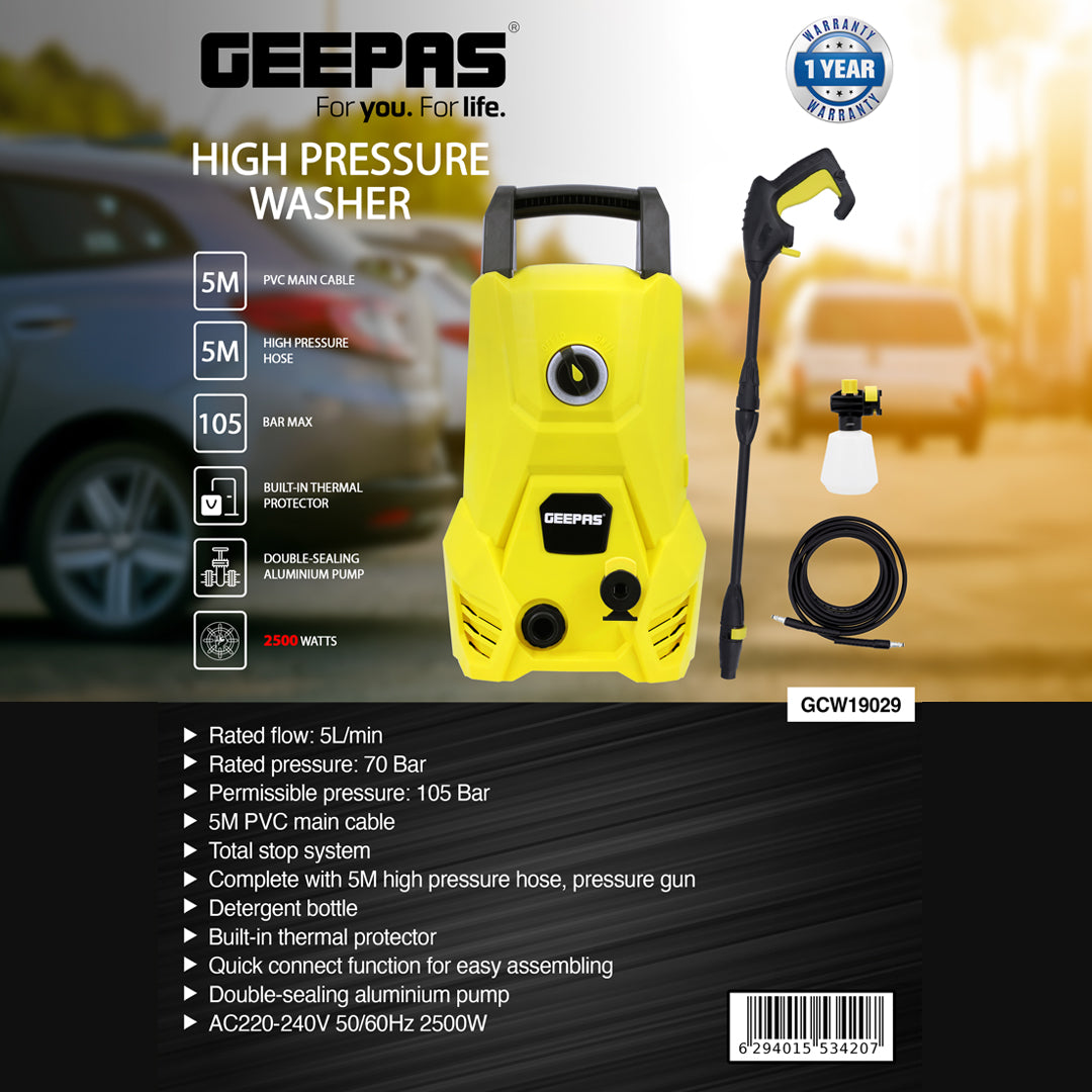 Geepas GCW19029 High Pressure Washer | 105BAR Power Washer with 2500W Motor | Ideal for Car, Bike, Patio & Home Cleaning | Compact Design | High Efficiency Performance