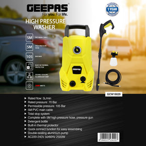 Geepas GCW19029 High Pressure Washer | 105BAR Power Washer with 2500W Motor | Ideal for Car, Bike, Patio & Home Cleaning | Compact Design | High Efficiency Performance