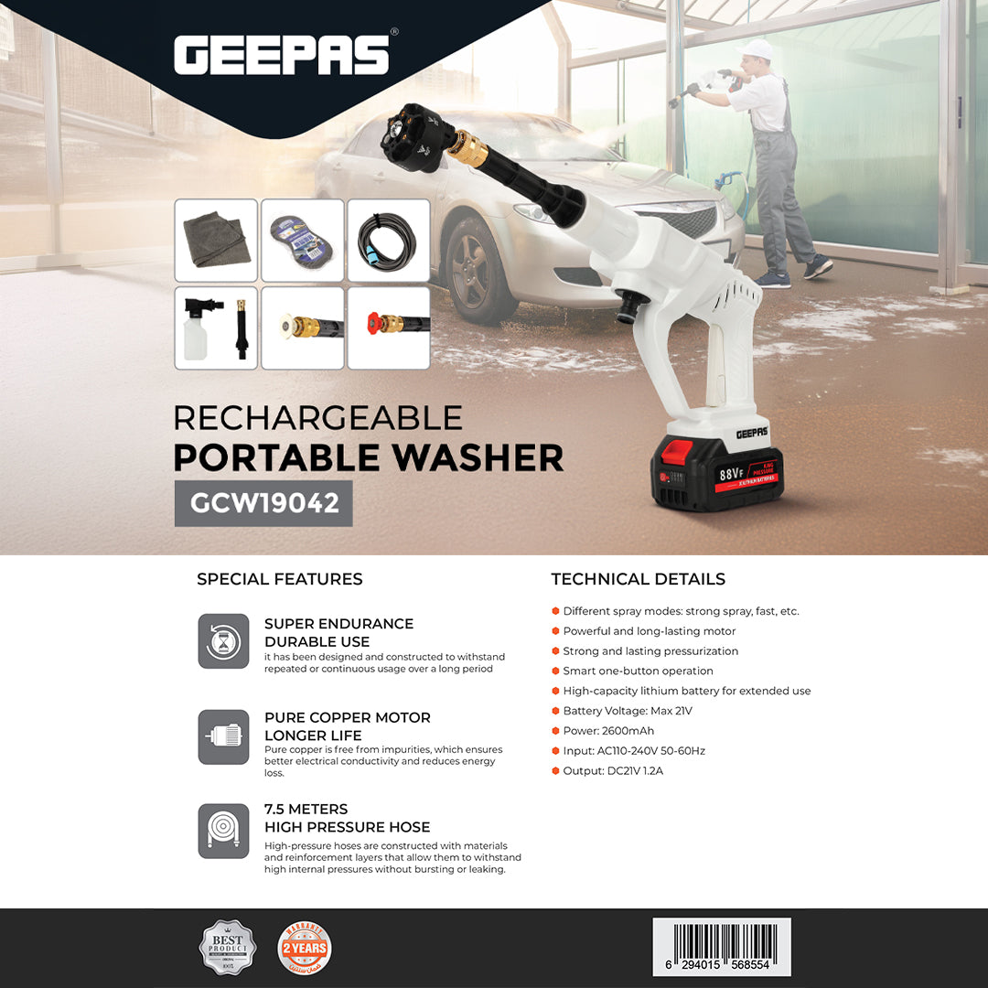 Geepas GCW19042 Rechargeable Portable Washer | 21V 2600mAh Battery, 7.5m High Pressure Hose | Pure Copper Motor, Multiple Spray Modes, Durable Design, 2 Years Warranty
