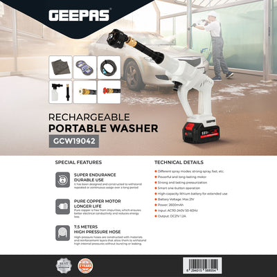 Geepas GCW19042 Rechargeable Portable Washer | 21V 2600mAh Battery, 7.5m High Pressure Hose | Pure Copper Motor, Multiple Spray Modes, Durable Design, 2 Years Warranty