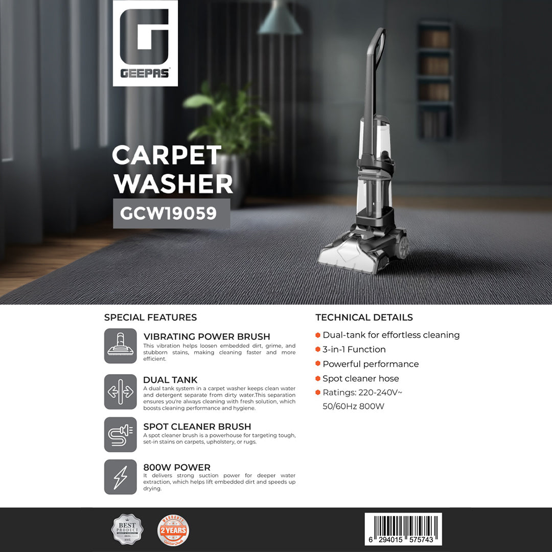 Geepas GCW19059 800W Carpet Washer | Dual Tank System | Upright Cleaner | Vibrating Power Brush | 3-in-1 Wash Scrub Suction Function & Spot Cleaner Hose for Deep Cleaning
