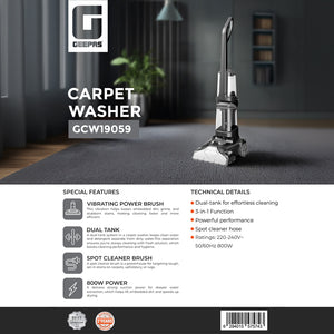 Geepas GCW19059 800W Carpet Washer | Dual Tank System | Upright Cleaner | Vibrating Power Brush | 3-in-1 Wash Scrub Suction Function & Spot Cleaner Hose for Deep Cleaning