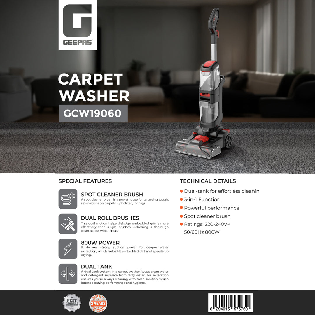 Geepas GCW19060 800W Carpet Washer | Dual Roll Brushes |Dual Tank System | 3-in-1 Wash Scrub Suction Function and Spot Cleaner Brush for Deep Carpet & Upholstery Cleaning
