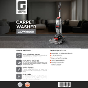 Geepas GCW19060 800W Carpet Washer | Dual Roll Brushes |Dual Tank System | 3-in-1 Wash Scrub Suction Function and Spot Cleaner Brush for Deep Carpet & Upholstery Cleaning