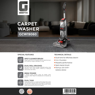 Geepas GCW19060 800W Carpet Washer | Dual Roll Brushes |Dual Tank System | 3-in-1 Wash Scrub Suction Function and Spot Cleaner Brush for Deep Carpet & Upholstery Cleaning