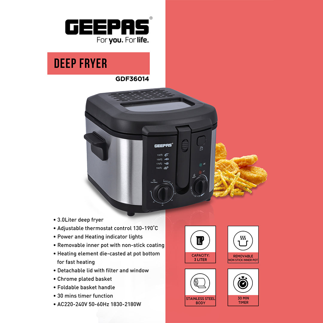 Geepas GDF36014 Deep Fryer, Adjustable Temperature 130-190C with 30 Minute Timer & Indicator Light | Non-Stick Inner Pot | Perfect for French Fries, Chicken Wings