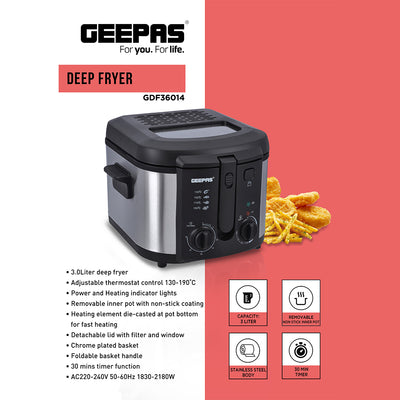 Geepas GDF36014 Deep Fryer, Adjustable Temperature 130-190C with 30 Minute Timer & Indicator Light | Non-Stick Inner Pot | Perfect for French Fries, Chicken Wings