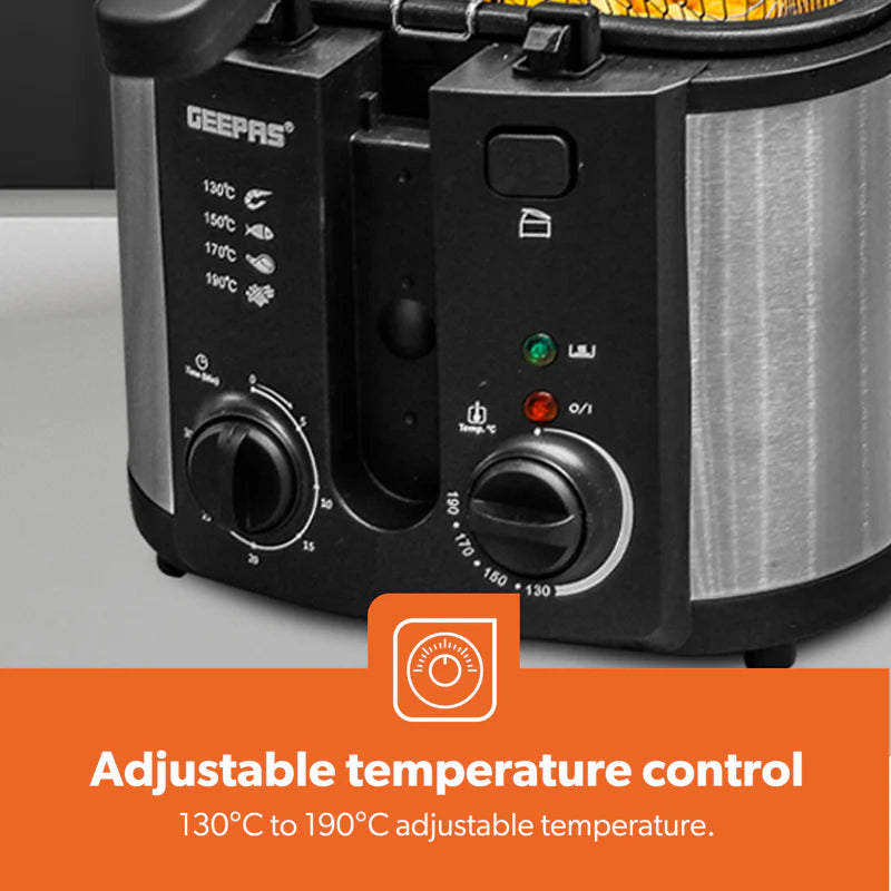 Geepas GDF36014 Deep Fryer, Adjustable Temperature 130-190C with 30 Minute Timer & Indicator Light | Non-Stick Inner Pot | Perfect for French Fries, Chicken Wings