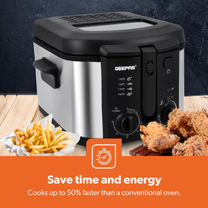 Geepas GDF36014 Deep Fryer, Adjustable Temperature 130-190C with 30 Minute Timer & Indicator Light | Non-Stick Inner Pot | Perfect for French Fries, Chicken Wings