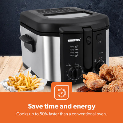 Geepas GDF36014 Deep Fryer, Adjustable Temperature 130-190C with 30 Minute Timer & Indicator Light | Non-Stick Inner Pot | Perfect for French Fries, Chicken Wings