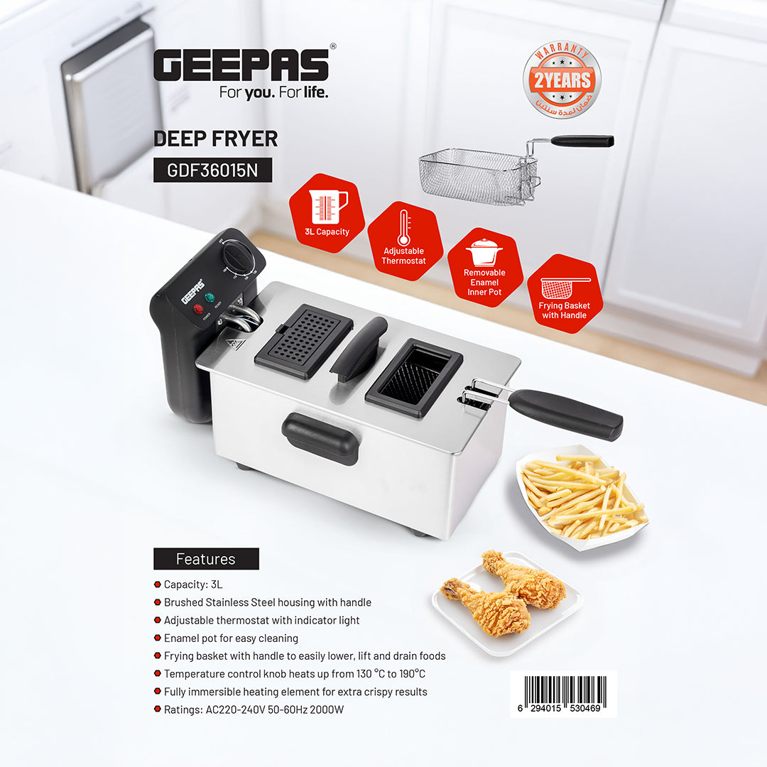 Geepas Deep Fryer- GDF36015N/ 3.0 L Capacity, Brushed Stainless Steel Housing/ Fully Immersible Heating Element, Adjustable Temperature/ 2 Years Warranty, Black & Silver