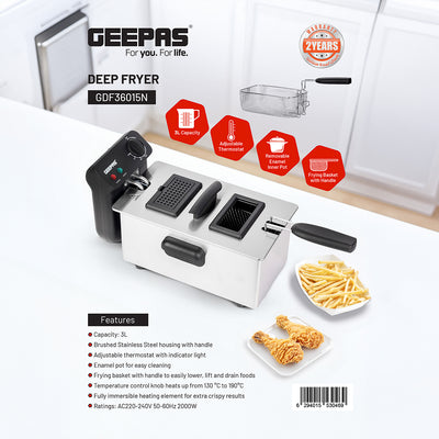 Geepas Deep Fryer- GDF36015N/ 3.0 L Capacity, Brushed Stainless Steel Housing/ Fully Immersible Heating Element, Adjustable Temperature/ 2 Years Warranty, Black & Silver