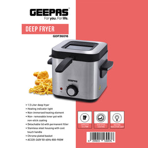 Geepas GDF36016 1.5L Deep Fryer | Durable Stainless Steel Body, Non-Stick Coating, Adjustable Temperature Control, Fast Heating, Compact Design,  2 Years Warranty