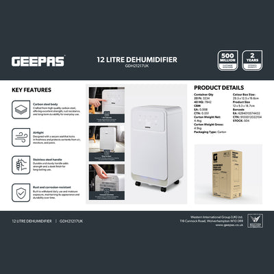 Geepas GDH21217UK 12L Dehumidifier with Touch Control Panel | Child Lock Safety | Humidity Indicator Light | Portable Design with Wheels for Home, Office & Bedroom Use