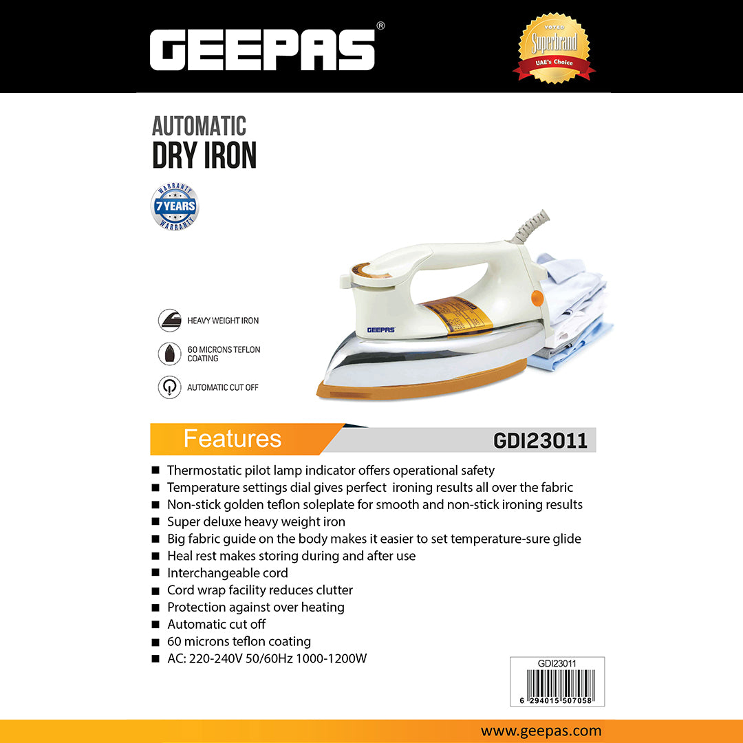 Geepas GDI23011 Automatic Heavy Weight Dry Iron| 1200W|Teflon Coated Soleplate| Adjustable Temperature Control| Overheat Protection| Smooth Glide Design| 7-Year Warranty