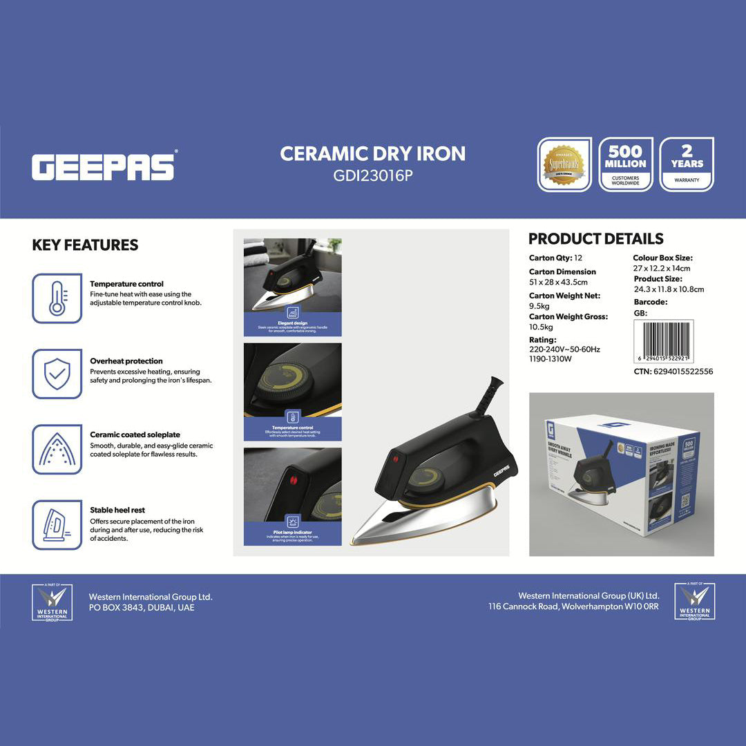 Geepas GDI23016 Ceramic Dry Iron | Adjustable Temperature Control | Non-Stick Ceramic Soleplate | Overheat Protection | Stable Heel Rest |1200W Power for Easy Ironing