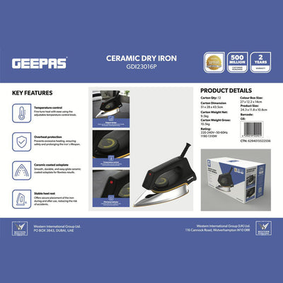 Geepas GDI23016 Ceramic Dry Iron | Adjustable Temperature Control | Non-Stick Ceramic Soleplate | Overheat Protection | Stable Heel Rest |1200W Power for Easy Ironing